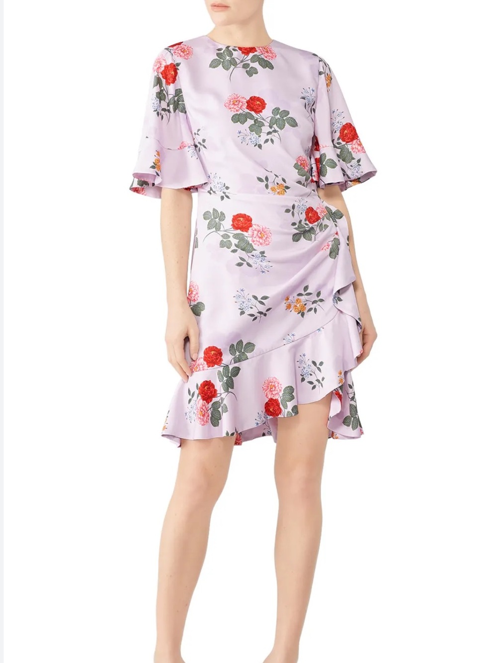 KEEPSAKE PURPLE FLORAL PATTERN RUFFLE SLEEVE DRESS Medium